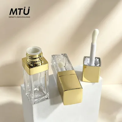 OEM Custom Luxury Empty Transparent Square Lip Gloss Tube with Golden Lid Big Wand Lip Glaze Tube Plastic Containers Wholesale