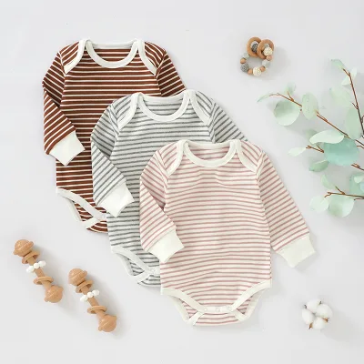 Autumn Unisex Newborn Knitted Baby Bodysuit Romper Long Sleeve Striped Print Cotton Fabric Snap Button Closure ODM Supply