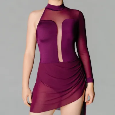 Custom Women Lyrical Dance Costume One Sleeve Mesh Leotard Asymmetrical Skirt Contemporary Competition Performance Dancewear