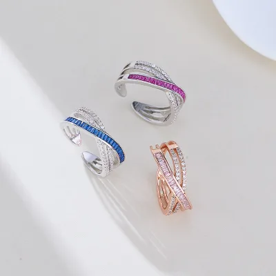 Adjustable Elegant Cross Zircon Sapphire Ring Copper Jewelry Geometric C Shaped Open Ring Inlaid Zircon