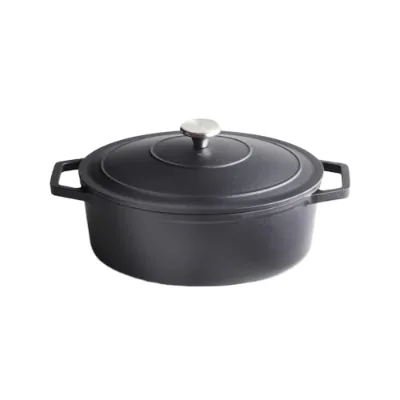 Qulinart Brandt Oval Enameled Cast Iron Dutch Oven 30cm Slow Heat Distribution Optimal Cooking Condensation Lid Matte Black