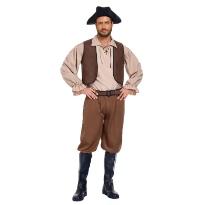 Men Medieval Pirate Costume Set Renaissance Lace-up Blouse Sleeveless Vest Loose Pants Pirate Hat Halloween Cosplay Outfit