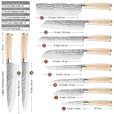 Set of 10 Pieces Stainless Steel Pakka Grilled Ham Knife with Wooden Handle Damascus Blade Kitchen Chef Meat Cleaver Set