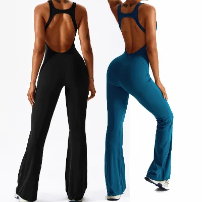 Women Long Length Hollow Back Soft Quick Dry Scrunch Back Yoga Jumpsuit