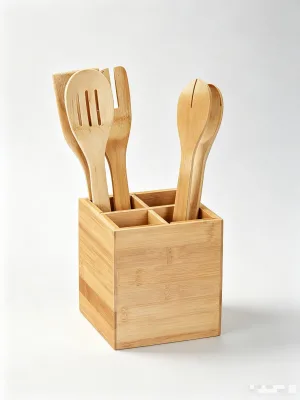 4 Compartment Bamboo Utensil Caddy Divided Kitchen Silverware Holder Countertop Wooden Cooking Tool Storage Organizer