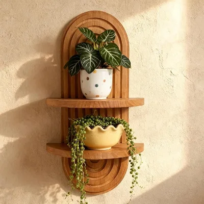 2-Tier Arched Grooved Wooden Floating Wall Shelf, Boho Wall Mount Plant Rack for Succulent Green Home Decor
