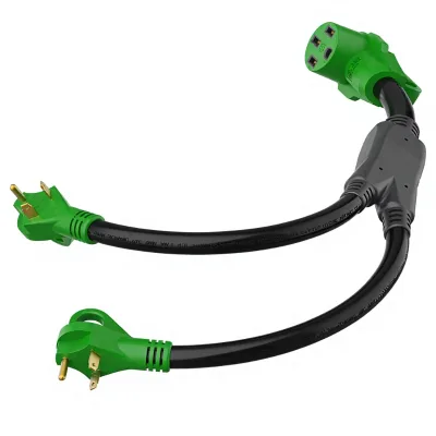 RV Y Adapter Cord with Two 30A TT-30 Male Plugs and 50A 14-50 Female Disconnect Handle Green Made in China