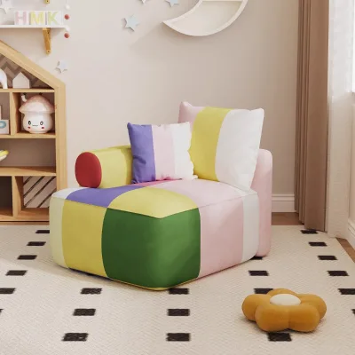 Color Block Striped Kids Sofa Frameless Foam Rainbow 2 Seater with Cylinder Armrest for Nursery Playroom Living Room Kindersofa