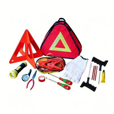 Car Emergency Roadside Tool Kit with Warning Triangle, Jumper Cables, Tire Repair Tools