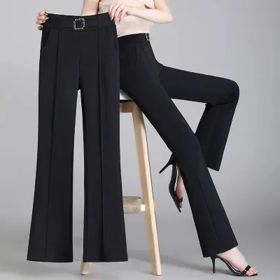 Women's High Waist Flare Pants, Elegant Office Trousers with Belt, Slim Fit Black Business Casual Pants for Ladies