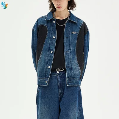 Custom Long Sleeve Denim Jacket Color Blocking  Loose Blue Jean Jackets Stone Washed Denim Patchwork Jean Jacket for Men