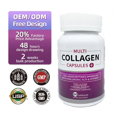 DUOZI Multi Collagen Capsules 60 Ct With Hyaluronic Acid Vitamin C Gluten Free Non GMO Skin Hydrating Dietary Supplement