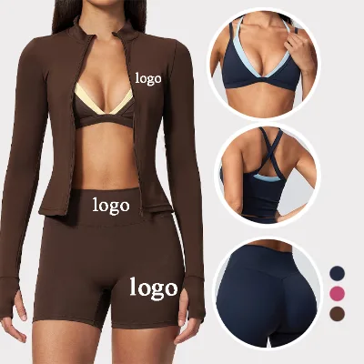 Double Layer Halter V Neck 3 Piece Yoga Set Zip up Stand Collar Yoga Set High Waist Hip Lift Color Blocking Yoga Set