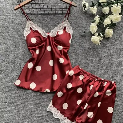 Lady Summer Two Piece Polka Dot Lingerie Sleepwear Shorts Set Ladies Pajamas and Sleepwear