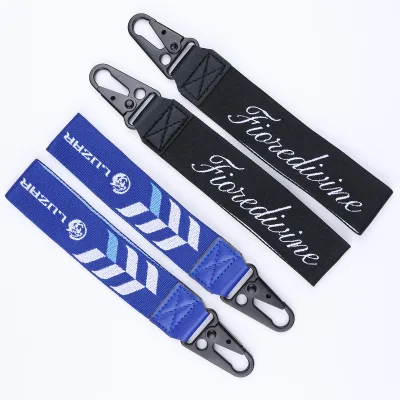 Customize Motorcycle Polyester Wrist Lanyard Keychain Webbing Key Ring Holder Strap with Leather Embossing for Promotion
