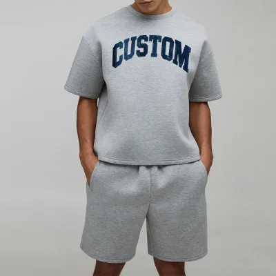 Heavyweight Polyester Cotton Blend Two Piece Outfit Men Oversize Boxy Tracksuit Short Sleeve TShirt Casual Shorts Streetwear Set