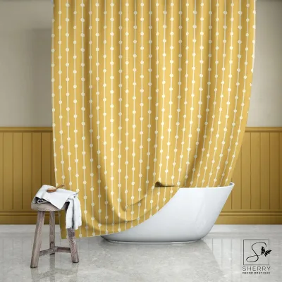 Modern Geometric Yellow Polyester Shower Curtain Waterproof Mid Century Bathroom Curtain with Minimalist Dot Stripe Pattern