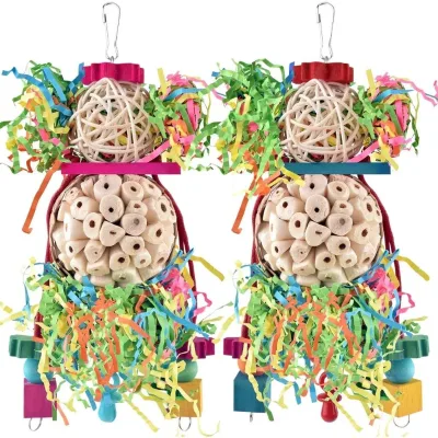 Hanging Eco-Friendly Durable Foraging Toys Wood Sola Balls with Bell Colorful Paper Pacifier for Cockatiels African Grey Parrot
