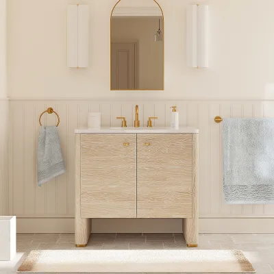 Elegant  Single Bath Cabinet with LED Mirror and Copper Drainer Framed Square Pattern for Home or Apartment Use
