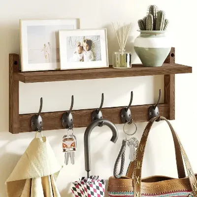 Factory Home Decor Entryway Luxury Brown Wooden Coat Rack Hangers Metal Wood Hanging Hooks Shelves Wall Mounted