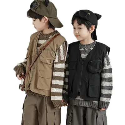 Spring Autumn 3D Pocket Cool Boys Tank Tops Vests&Waistcoats Jacket Diamond Quilted Casual Children Kids Vest for Boys