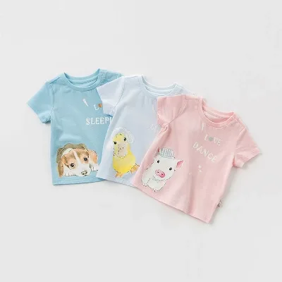 Cartoon Animal Print Summer Short Sleeve Shoulder Placket Baby Girls Boys T Shirt