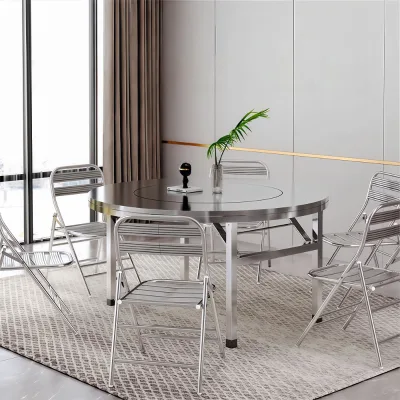 Modern Stainless Steel Round Folding Dining Table with Turntable Leather Top for Restaurant & Commercial Use Seats 6-12 People
