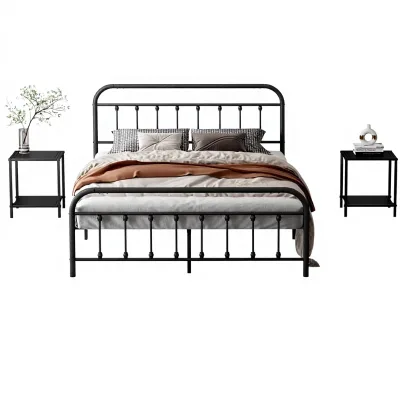 New Classic Black Carbon Steel Full Size Multi-Use Bed Frame Structurally Stable Thicken Bold Metal Headboard Squeak Resistant