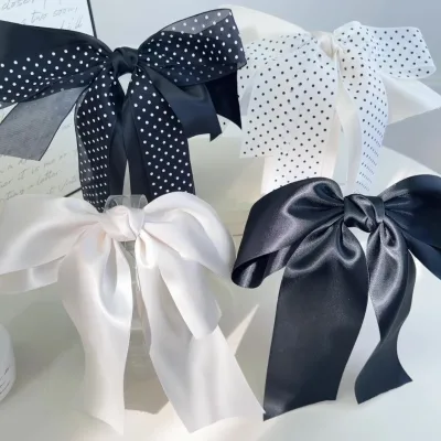 Spring and Summer New Polka Dot Mesh Large Bow Hair Clip Semi-tied Spring Clip Ponytail Hair Clip Hair Accessory