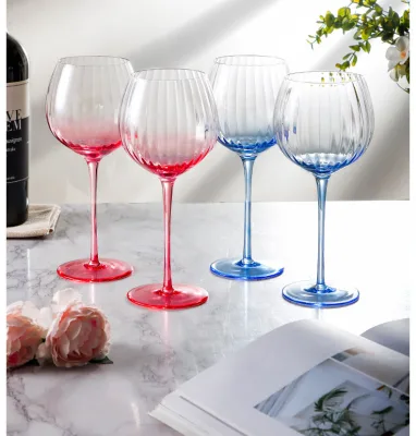 Elegant Stemmed Ribbed Pink Blue Colored Red Wine Glasses Clear Lead-free Crystal Glass Wedding Wine Glass