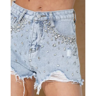 Womens Glam Rhinestone Fringe Trimmed Denim Shorts Slightly Stretchy Cut Offs Denim Shorts Rhinestone Denim Shorts