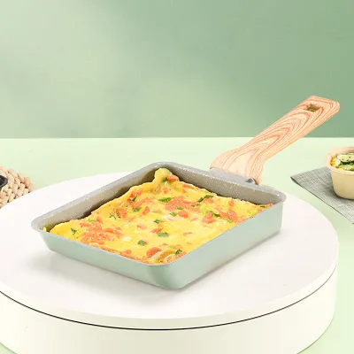 Japanese Non-stick Aluminium Pot Flat-Bottomed Kitchen Cooking Iron Pot Omelette Pan Frying Pan with Wood Handle