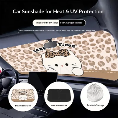 Car Front Windshield Sunshade Board with Cartoon Cat Design Light Blocking & Heat Insulation Flat-Lay Installation Polyester
