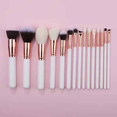 High Quality Cosmetic 15pcs White Wooden Handle Rose Gold Professional Brushes Set Custom Logo Low MOQ Wholesale