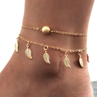 Gold Women's Ethnic Wind Fashion Anklets Good Selling Small Leaf Models Double Tassel Beach Paragraph Styles Made Alloy Europe