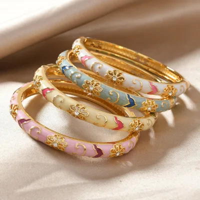 Traditional Colorful Flowers Chinese Bracelet Cloisonne Enamel Split Bangles Fashion Jewelry for Women