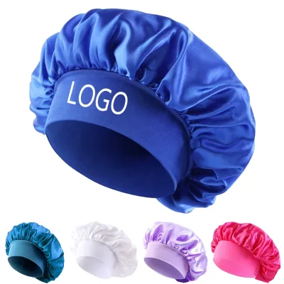 Oversized Spacious Blue Satin Sleep Bonnet Non Slip Stretch Headband Reduce Hair Breakage Night Cap for Ladies Bulk Order
