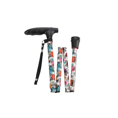 Adjustable Folding Trekking Cane for Hiking Camping Unique Patterned Design Built-in Lights Rubber Tip