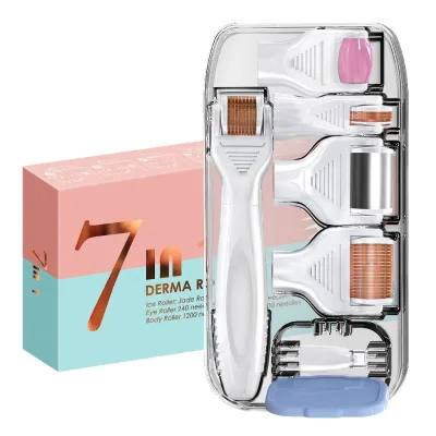 Customized Logo 7 In1 Micro Needle Therapy Cooling Ice Derma Roller DermaStamp SET for Facial Body and Eye Massage Jade Roller