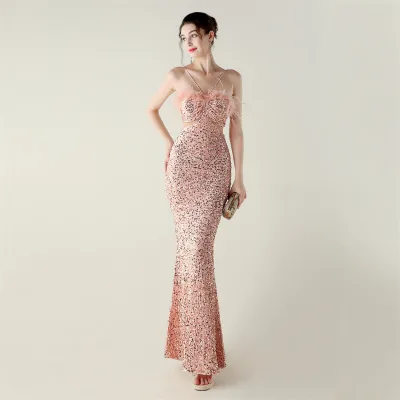 33667 # Handmade Mermaid/A-Line Evening Gown Velvet Bottom Beaded Craft Ostrich Feather Floor-Length Haute Couture for Parties