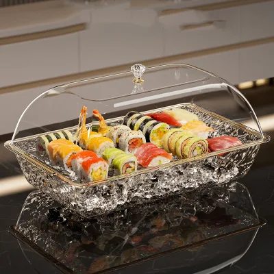 Hot Selling Rectangular Plastic Chilled Basin Lid Set Freezable Food Storage Tray for Sushi Sashimi Cake Cold Dishes Restaurant