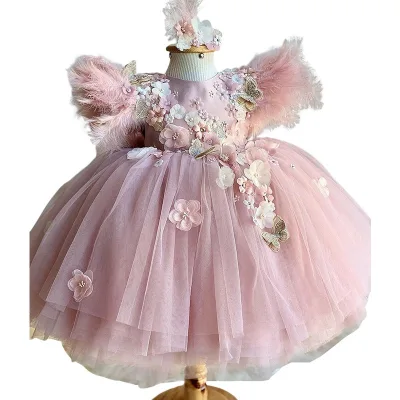 Christmas Ball Gown Lolita Princess Dress for Girls Formal Puffy Tulle Dress Feathers for Flower Girl Weddings for Kids Age