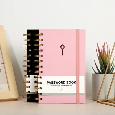 A6 Password Book Webiste Login Pink Cover Gold Foil Pocket Size Pocket Hardcover Spiral Notebook Journal with Elastic Band