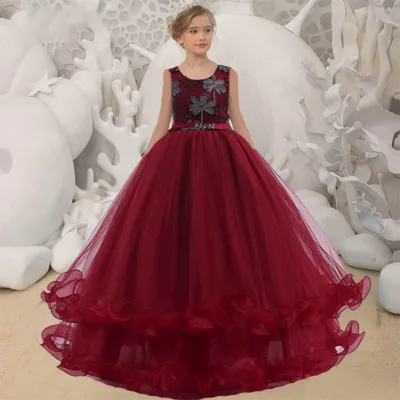 New Arrival Latest Fashion Formal Velvet Floral Print Girls' Long Party Wear Ball Gown Dress for Children LP-76