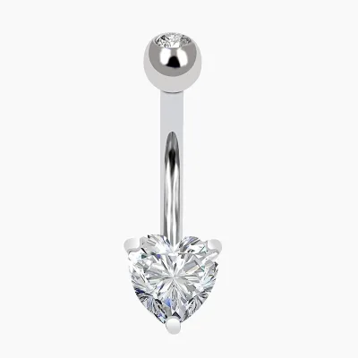 Eternal Metal 14 Karat White Gold Heart Shape CZ Prong Belly Button Ring Body Jewelry