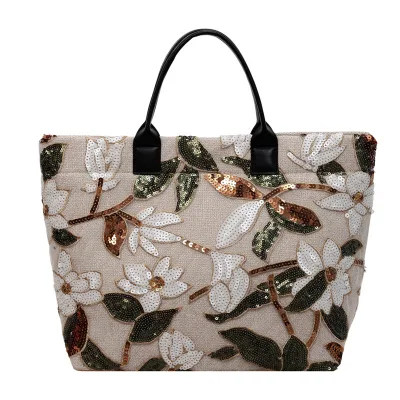 Trendy Summer 2026 High Capacity Sequined Tote Chinese Style Tote Women's Versatile Floral Hand Bag