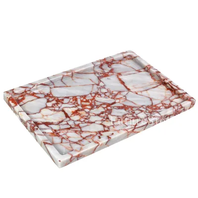 Luxury Natural Rectangle Calacatta Red Marble Handmade Serving Tray Decorative Food Fruit Jewelry Display Ramadan Wedding