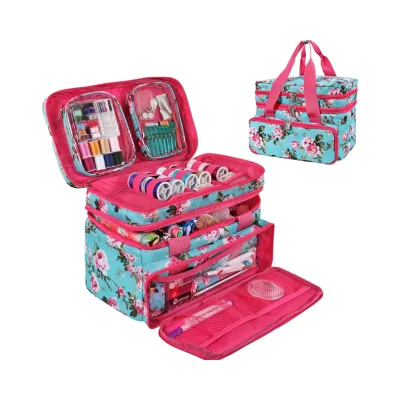 Double Layer Portable Sewing Storage Bag | 2 Detachable Pouches and 18 Compartments, Large Sewing Supplies & Crafting Carry-All