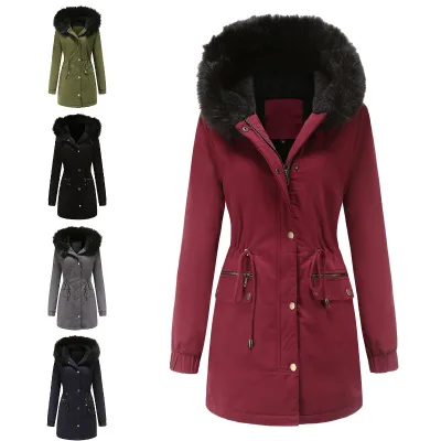 2025 Autumn Winter New Women's Parka Fleece-Lined Cotton Coat with Fur Collar, Hooded, Warm, European Size, Loose Padded Jacket