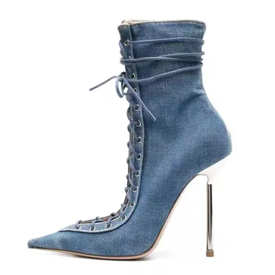 Summer Autumn Lace-Up ZIP Ankle Boots High Top Sexy Women's Denim Short Slim Heels Booty Big Size 48